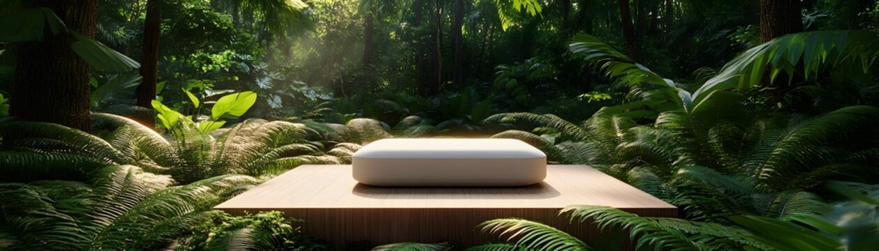 Peaceful, secluded platform in lush jungle setting.