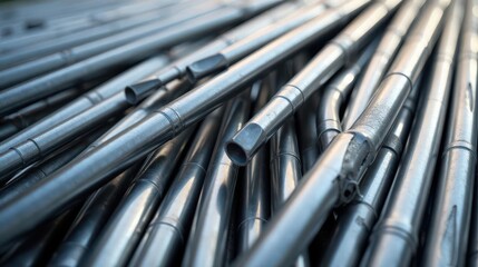 Obraz premium Close-up view of a pile of metallic poles, showcasing their cylindrical shape, textured surface, and subtle light reflections.