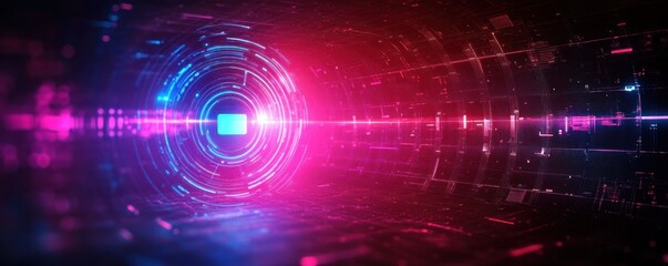 Futuristic digital tunnel with glowing neon pink and blue circular interface elements radiating light and data streams in a high-tech virtual environment