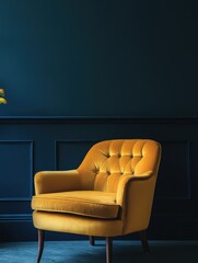 A golden yellow velvet armchair against a dark blue background