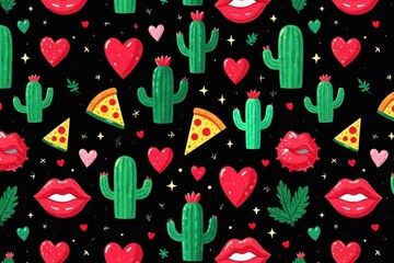 Vibrant Seamless Pattern Featuring Hearts, Cacti, Pizza Slices, and Lips on a Dark Background