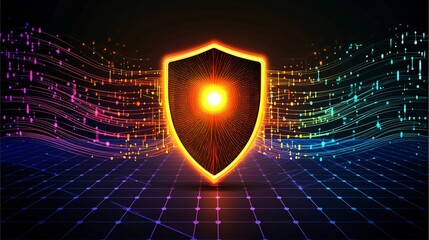 digital shield glowing at the center of a dark grid background, with multiple colored data streams converging into its core from various directions, clean layout with ample copy space above 