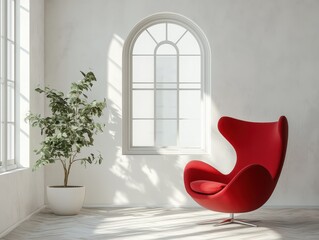 Modern red chair stands near a large window and green plant
