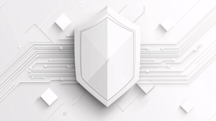 Fototapeta premium shield with layered transparency effect surrounded by three main data highways merging into its center, white background with soft shadows and space left blank for overlay transparent shield, 