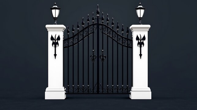 Ornate Black Metal Gate with White Pillars and Lamp Posts - Powered by Adobe