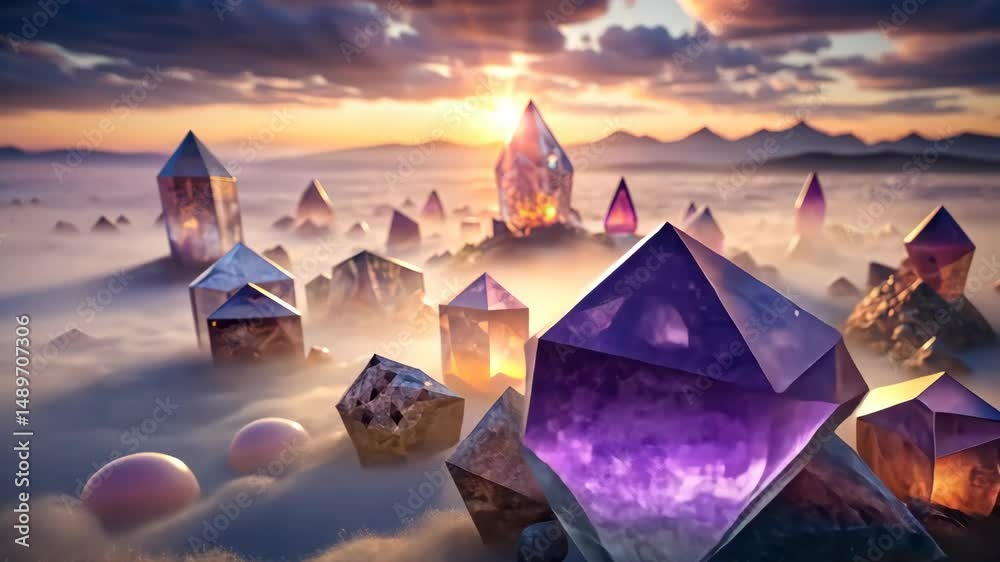 Poster crystalline dreamscape a journey through a mystical world of glowing gems and ethereal mist