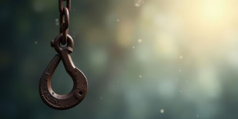 Rustic Metal Hook Hanging on a Chain Against a Soft-Focus Background, Showing Signs of Age and Wear, Evoking a Sense of Time and Endurance