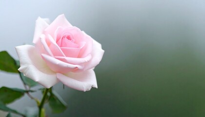 ダークグリーンとグレーが混ざり合う霧状の背景に淡いピンクのバラが一輪、繊細で柔らかな花びらが浮かび上がり、幻想的な静寂感をもたらしている。

