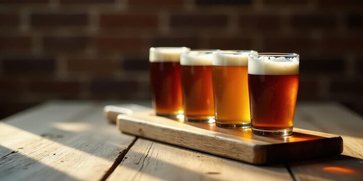Golden Hour Beer Tasting A Selection of Four Craft Ales on Rustic Wooden Board
