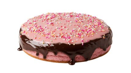 a pink cake with chocolate icing and sprinkles