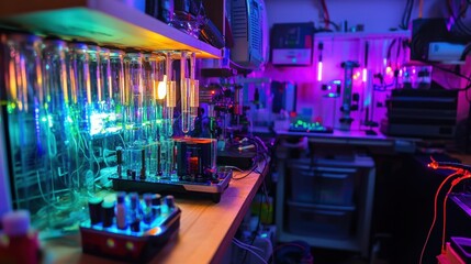 High-tech laboratory scene with glowing circuit and colorful chemical vials - photorealistic composition of neon-lit scientific equipment and digital monitors
