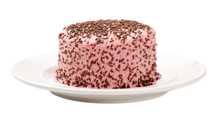 a pink cake with chocolate sprinkles on a white plate