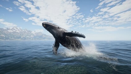 Fototapeta premium Majestic Humpback Whale Leaps from Sparkling Ocean Waters