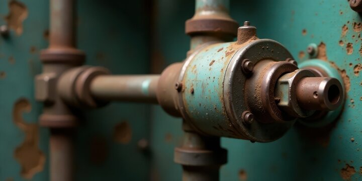 Close-up of a weathered, teal industrial machine component with intricate piping and rusted metallic details.