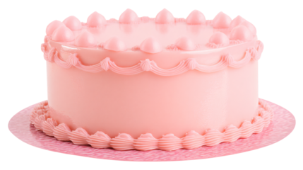 a pink cake with white frosting on a pink plate