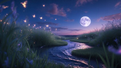 Fototapeta premium River Flowing Through Meadow at Night with Butterflies and Moon