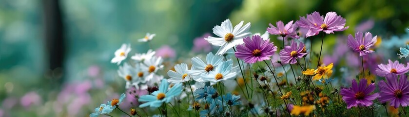 Obraz premium Blooming flowers in meadow with mystical nature and dreamlike gardens concept. Vibrant wildflowers blooming in a lush green landscape.