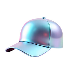 Iridescent metallic baseball cap on a black background with a soft glow and smooth surface finish isolated on transparent backgruond