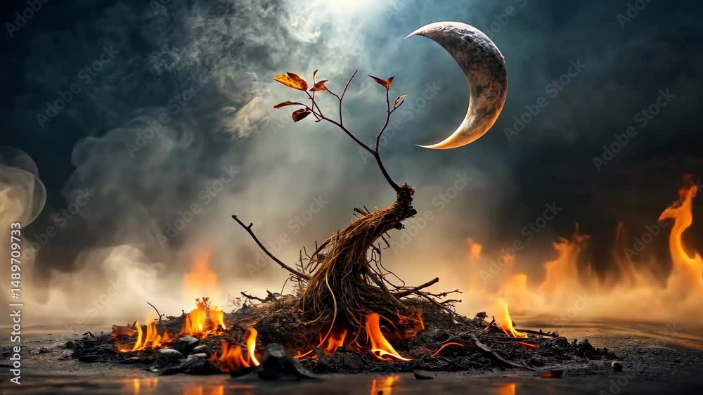 Aufkleber a lone sapling with exposed roots burns in a mystical fire beneath a crescent moon.