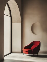 A red armchair sits in front of an arched window