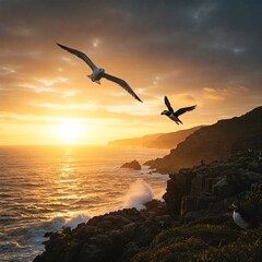 A seagull and puffin soar above coastal cliffs, ocean waves glowing beneath them under sky streaked with golden clouds.