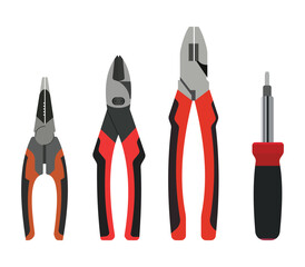 Set of hand tools including pliers, wire cutters, and screwdriver for maintenance