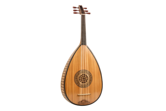 PNG Ornate wooden lute with intricate design and six strings