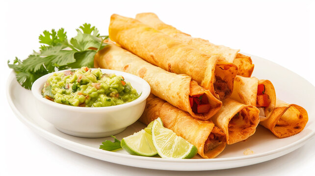 Description: Crispy taquitos served with guacamole and lime.