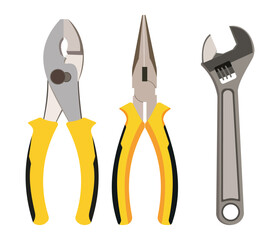 Set of hand tools including pliers, needle nose pliers, and adjustable wrench