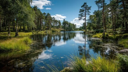 Fototapeta premium Scenic view of lake in pine forest around beautiful landscape concept. Serene lake surrounded by lush trees under a clear blue sky.