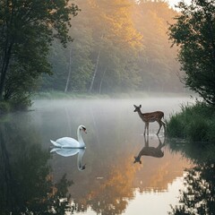 A deer and swan meet beside peaceful lake, forest reflections shimmering on still water bathed in colorful early light.