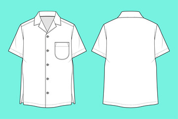 Mens revere collar short-sleeve shirt fashion flat sketch template outline CAD mockup front and back views. 