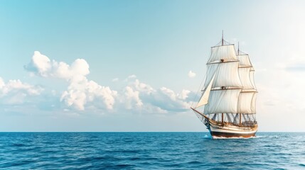 Majestic Tall Ship Sailing in Calm Ocean Under Blue Sky