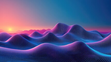 Vibrant, digital landscape; undulating hills at sunset, glowing with neon hues
