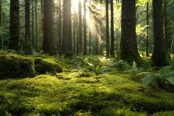Obraz premium Sunlight filters through a lush forest floor