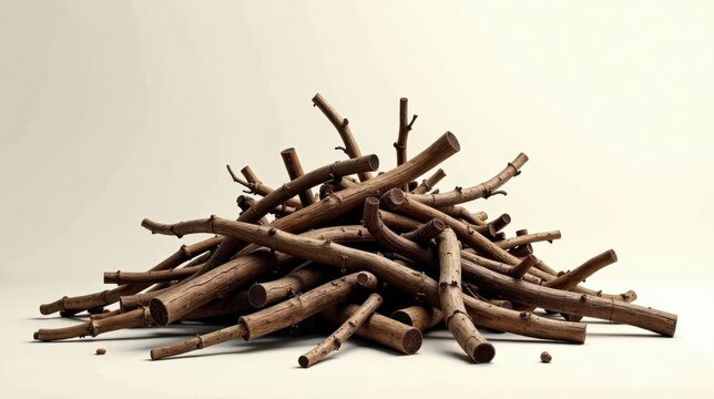 A profusion of intricately textured, dark brown wooden branches, meticulously arranged in a captivating, naturally formed heap against a muted backdrop.