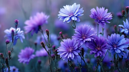 Obraz premium Blooming flowers in meadow with mystical nature and dreamlike gardens concept. Vibrant purple flowers blooming in a serene natural setting.