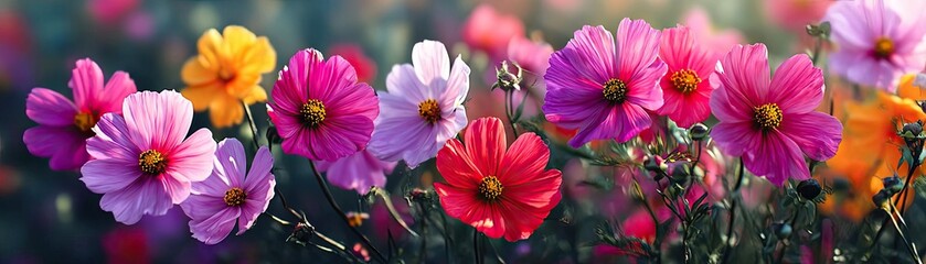 Blooming flowers in meadow with mystical nature and dreamlike gardens concept. Vibrant and colorful flowers blooming in a serene garden setting.