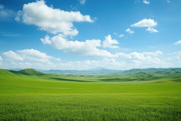 Naklejka premium Expansive green meadow stretching to distant hills under a vibrant blue sky