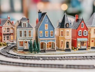 Colorful Miniature Houses by Train Tracks in Cozy Display Setting