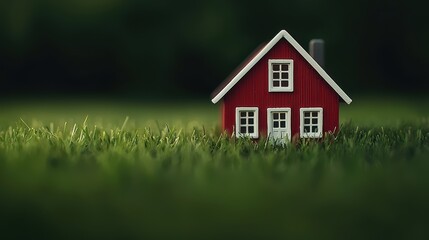 Small Red House on Green Grass in Soft Focus Natural Environment