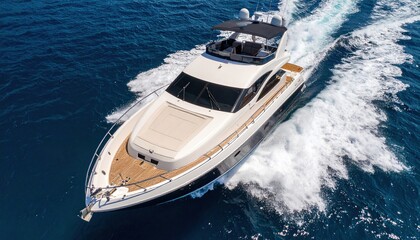 Luxury motor yacht gliding through azure waters.
