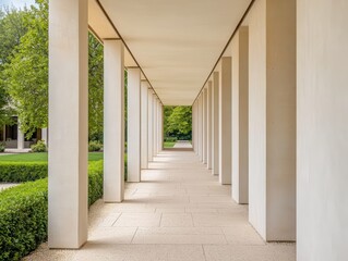 Serene Architectural Passageway with Columns and Lush Landscape