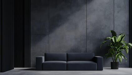 Modern Minimalist Living Room with Dark Colors and Green Plant