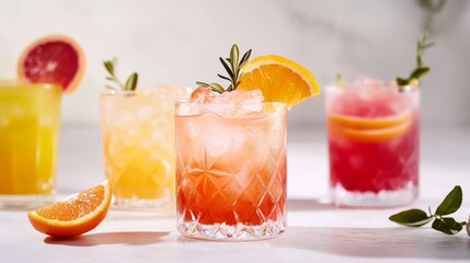 Fototapeta premium Fresh citrus fruits like oranges and grapefruits are mixed with drinks on a white table. It looks like a tasty and healthy food background. 