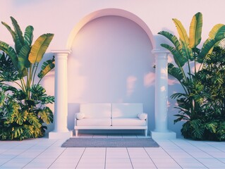 Cozy Outdoor Living Space with Sofa and Tropical Plants in Sunshine