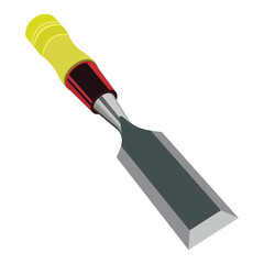 Metal chisel tool with yellow handle isolated on white background flat design
