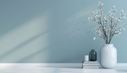 Modern Minimalist Vase with Flowers and Books on a Light Surface