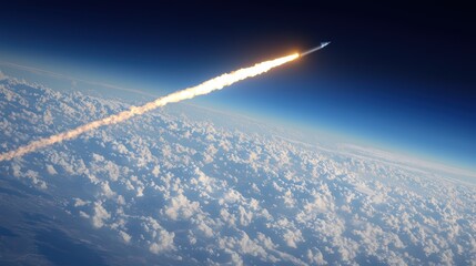 Rocket Launching into Space Above the Cloudy Earth Atmosphere