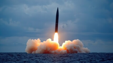 Rocket Launch Over Ocean with Clouds in Background during Sunset